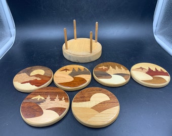 Wood Inlay Coasters With Caddy Marquetry Drink Beverage 3.5” Set of 6