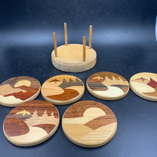 Wood Inlay Coasters With Caddy Marquetry Drink Beverage 3.5” Set of 6