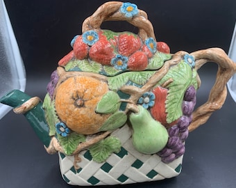 Fruit and Flowers Ceramic Teapot Hand Painted Vintage 1998 FREE SHIPPING