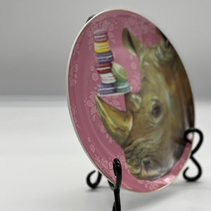 Greenbox Art and Culture Rhino with Macarons Jungle Haute Pink Dessert Plate image 2
