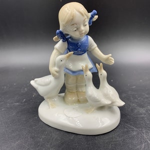 Graefenthal Lippelsdorf Girl with Ducks Porcelain Figurine East Germany Fine Art Crown Mark GDR FREE SHIPPING