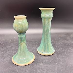 Clouds of Folsom Candle Holders Bud Vases Motherlode Green Glaze Vintage 2001 Rare Set of 2 FREE SHIPPING