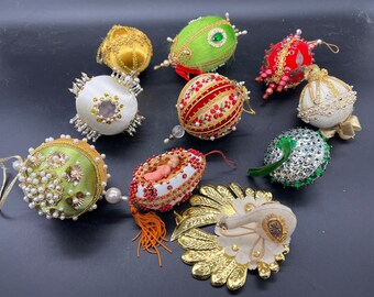 Paquete de adornos con cuentas hechos a mano, 10 piezas de flecos, lentejuelas, perlas de imitación, bolas de seda vintage