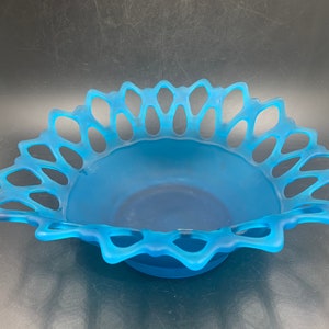 Westmoreland Blue Satin Mist Doric Lace Banana Bowl # DO-19 with Original Sticker Vintage Glass USA