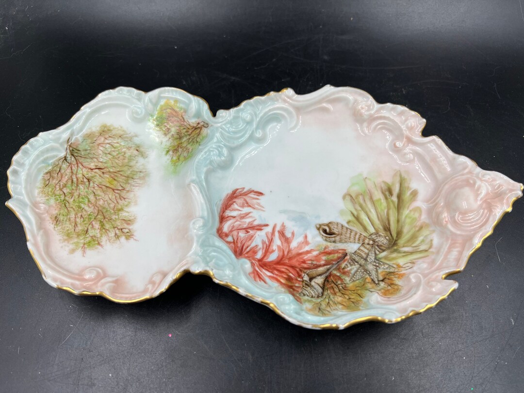 Limoges France Sea Life Antique Sardine Tray Divided Dish Porcelain