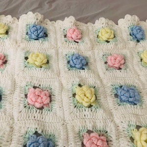 Baby Afghan Rosette Pattern White Pink Blue and Yellow Rosettes Super Soft image 3