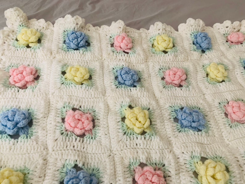 Baby Afghan Rosette Pattern White Pink Blue and Yellow Rosettes Super Soft image 3