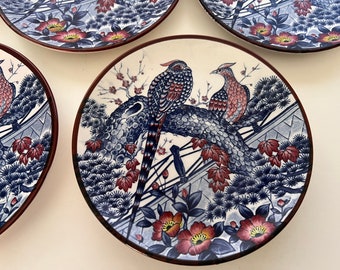 Asahi Set of 4 Porcelain Plates Game Birds Flowers Garden Japan 6” Set of 4 Pheasant Navy Rust Imari Vintage