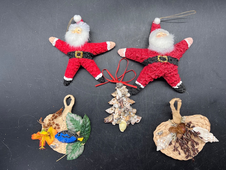 Beach Theme Hawaii Christmas Ornaments Set of 5 Shell Encrusted Tree 2 Starfish Santa and 2 Maui image 1