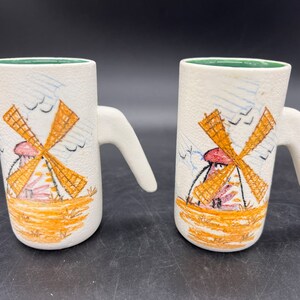 Mid Century Pottery Mugs Handpainted Windmills Lava Glaze Unique Handles