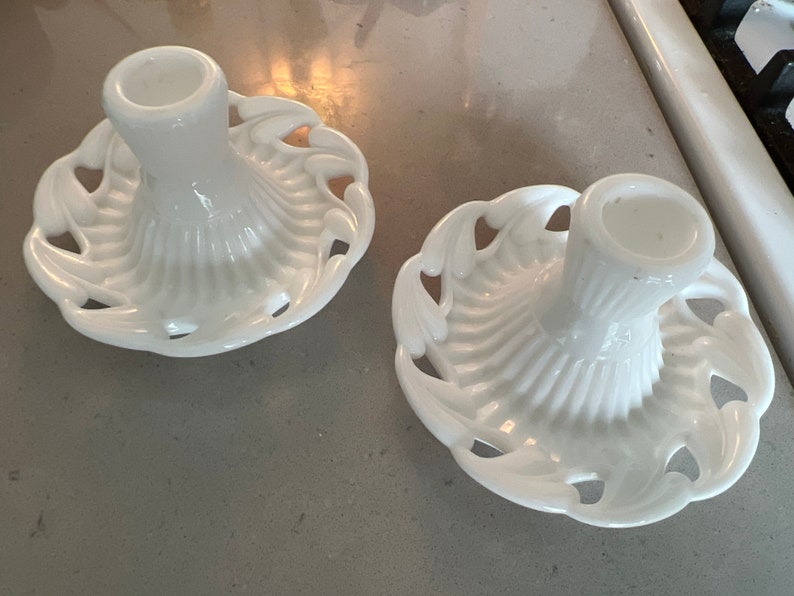 Fostoria Milk Glass Candlestick Holders Candle Holders Collectible Hearts Vintage Valentines Stars Set of 2 image 8