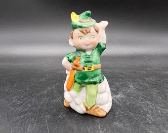 JSNY Leprechaun Peter Pan Robin Hood Bisque Porcelain Figurine Bell Vintage 1980s Free Shipping