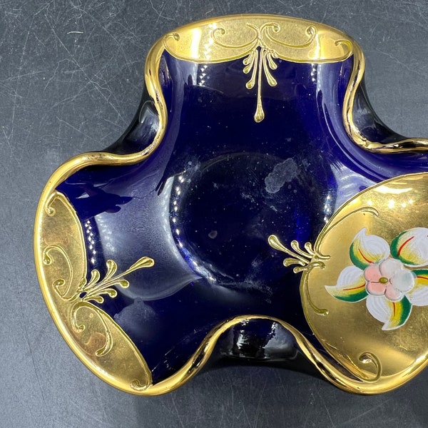 Murano Elio Biancalani Tre Fuochi Ashtray Cobalt Blue Glass Trinket Dish 24kt Gold Enamel Flower