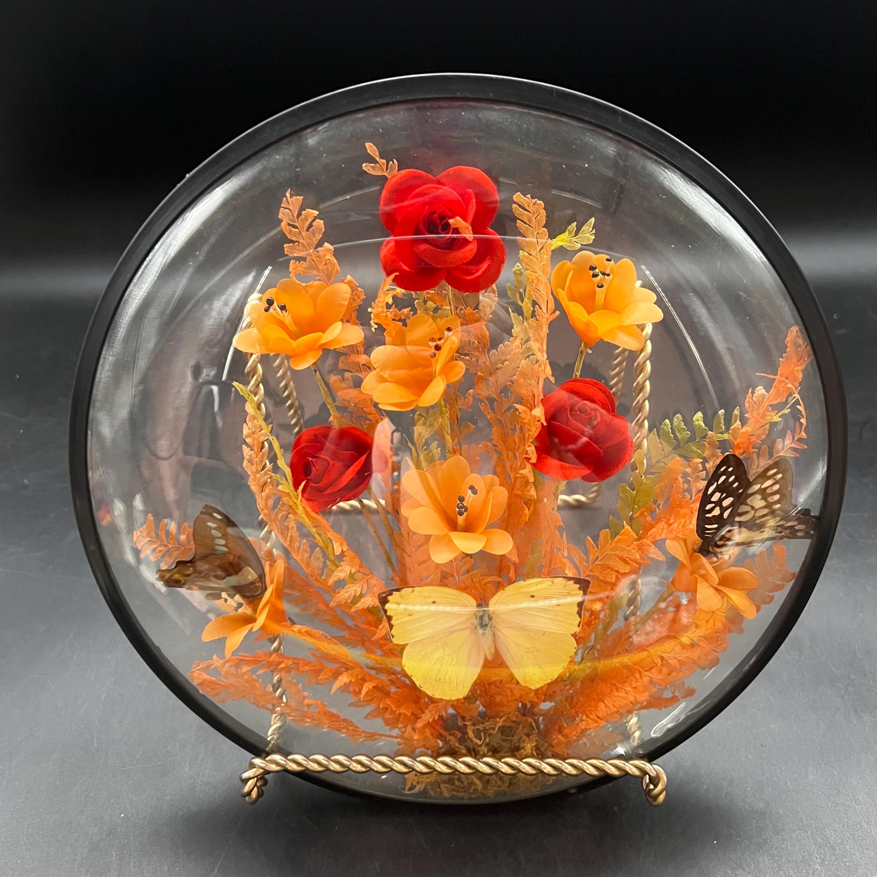 Butterflies Silk Flower Shadow Box Display Decor Round Convex Shelf Art