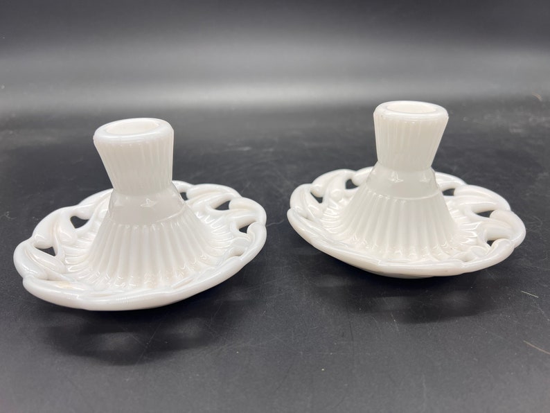 Fostoria Milk Glass Candlestick Holders Candle Holders Collectible Hearts Vintage Valentines Stars Set of 2 image 3