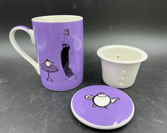 Wendy Tancock Purple Tea Mug with Strainer and Coaster Lid Brat-Tea Canadian Designer