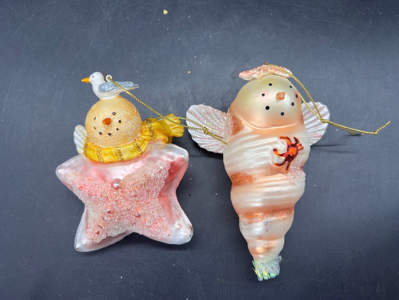 Hand Painted Snowmen Sea Angels Christmas Tree Ornaments Seashells Beachy Pastels Pair image 1