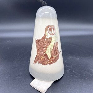 Pottery Wind Chime, Garden Bell, Owl Graphic, White, Blue Ombré Glaze