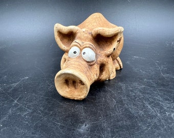 Shade Tree Creations Pig Figurine Handcrafted and Carved Wood Made in USA Signed Vernon Vintage 1985