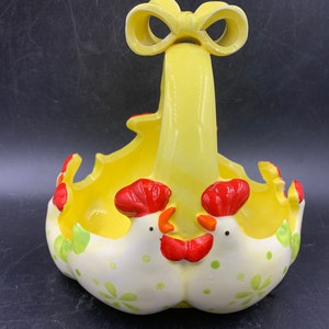 Chicken Basket Ceramic Yellow Red White Vintage FREE SHIPPING