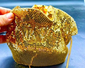 Golden Metal Mesh Drawstring-Style  Evening Bag with Gold Metal Shoulder Strap Crossbody Vintage Hong Kong Free Shipping