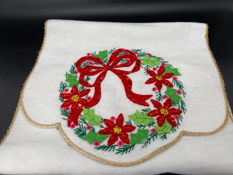 Embroidered Sequined Christmas Table Runner Dresser Scarf Vintage Candles 42 Fleece Felt image 3