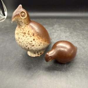 May include: Two ceramic bird figurines. The larger bird is upright with a speckled cream and brown finish. The smaller bird is positioned horizontally and features a solid, smooth, dark brown glaze. Both figurines have simple, rounded shapes.