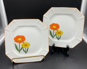 Orange Yellow Daisies Salad Luncheon Plates Square Flower Power Make in Japan Set of 2 (2 sets available)