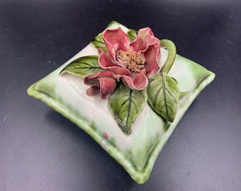 Hand Painted Square Trinket Box Magnolia Blossom on Lid Vintage