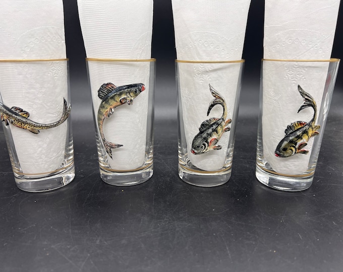 Sport Fishing Cocktail High Ball Glasses Gold Rim 3D Applied Clay Fish