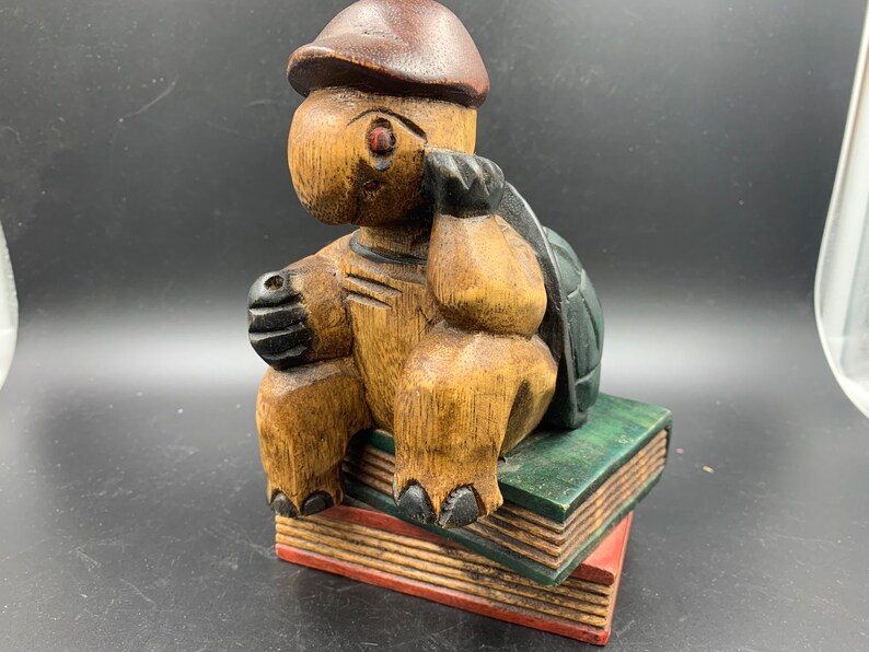 Wood Turtle Figure The Thinker Carved Painted Thailand Tortoise Vintage FREE SHIPPING image 2
