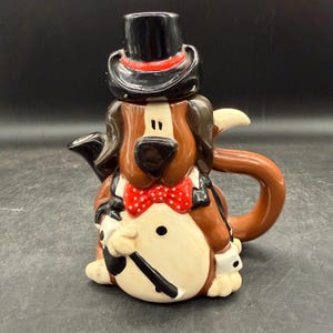 Vintage Figural Ceramic Hound Dog Teapot Top Hat Bow Tie