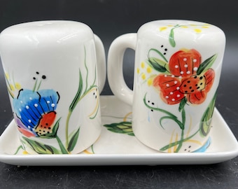 Tabletops Gallery Arielle Salt and Pepper Shakers Range Size Hand Painted Matching Underplate Floral Embossed Details