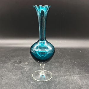 Empoli Teal Blue 9” Vase Italian Art Glass Applied Clear Base
