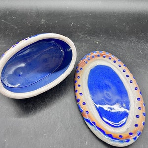 LKW Art Pottery Boho Butter Dish Studio Pottery Royal Blue Rust Glazes Textured Aboriginal Vibe image 7