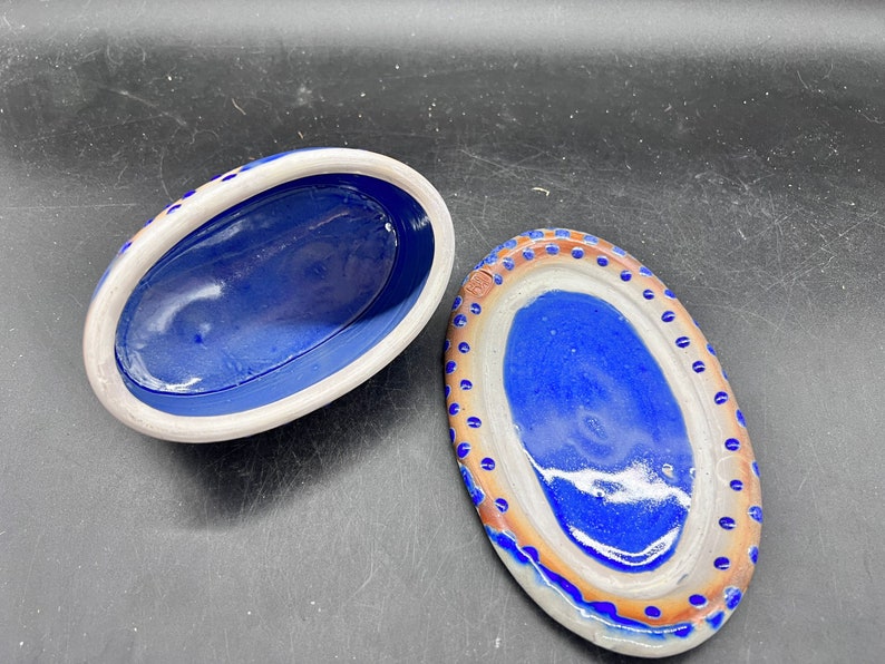 LKW Art Pottery Boho Butter Dish Studio Pottery Royal Blue Rust Glazes Textured Aboriginal Vibe image 7