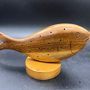 Mid Century Carved Wooden Whale Fish Skewered Hors d’oeuvres Server MCM Appetizers Toothpick FREE SHIPPING