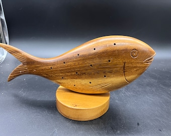 Mid Century Carved Wooden Whale Skewered Hors d’oeuvres Server MCM Appetizers Toothpick FREE SHIPPING