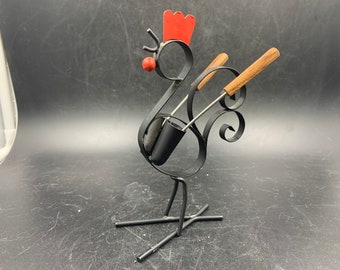 Wrought Iron Rooster Skewer Holder Holster MCM Chicken Metal and Wooden Pick Holder Mid Century