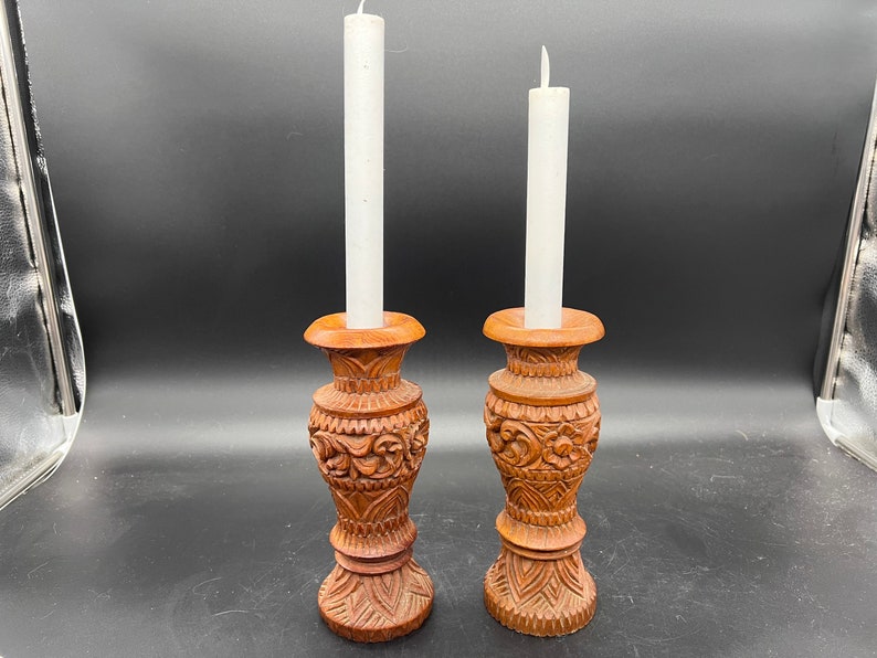 Large Carved Wooden Boho Bud Vase Candle Holders Pair Polynesian Tiki image 1