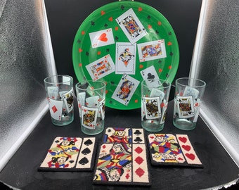 Poker Party Serving Pieces Your Choice of Glass Platter 4  Glasses or 4 Needlepoint Coasters Card Game FREE SHIPPING