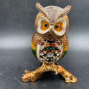 Owl Trinket Box Figure Large 5.5” Rhinestones Jeweled Bling Enameled Metal FREE SHIPPING
