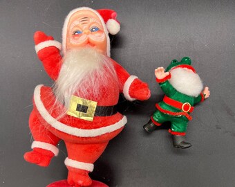 Vintage Flocked Dancing Santas, 1 Large Red and 1 Small Green