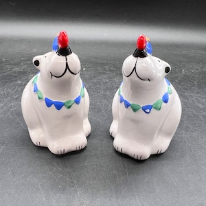 Polar Bear Salt and Pepper Shakers Ceramic Whimsical Balancing Fish on Nose