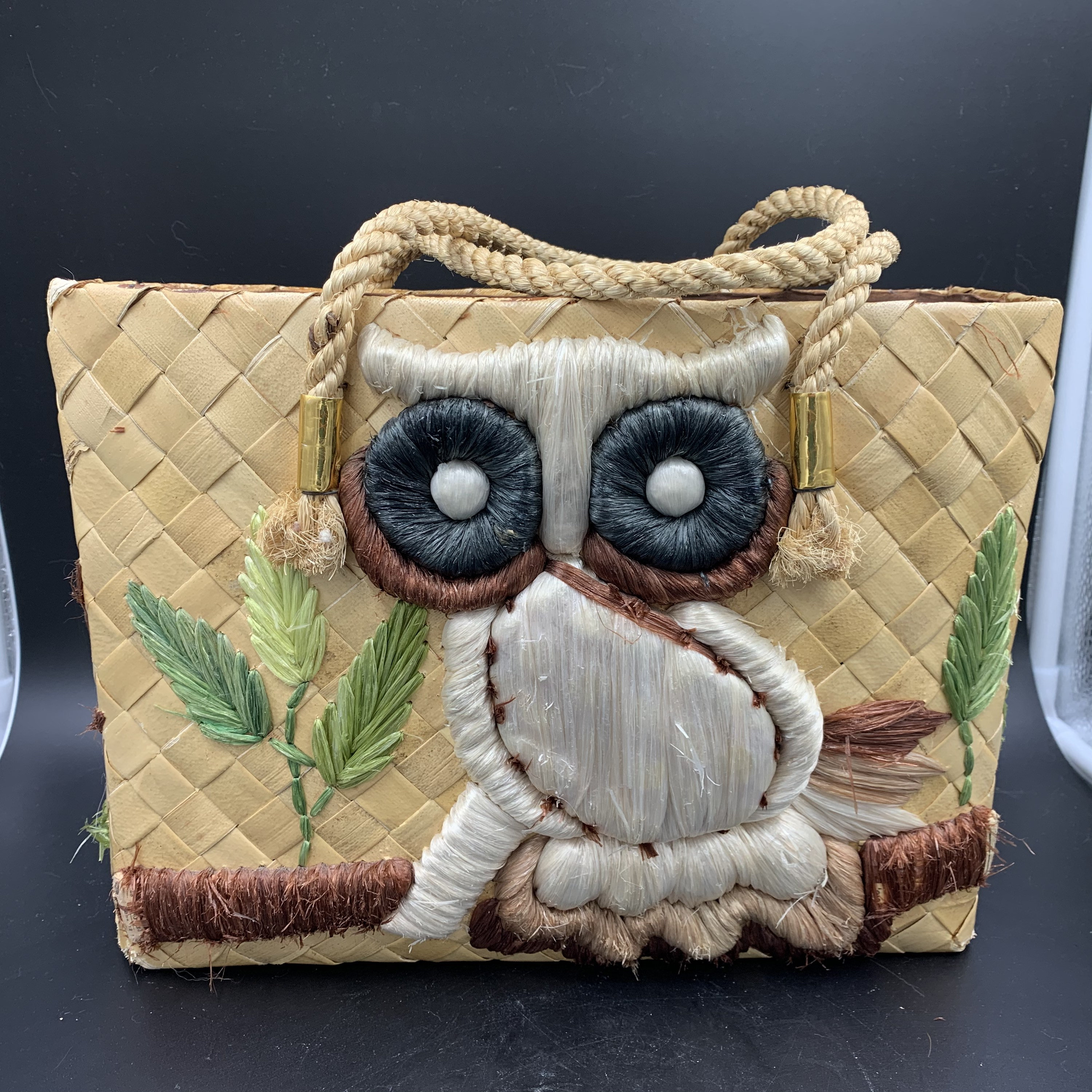 Vintage Woven Owl Tote Bag with Sisal Handles