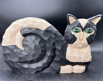 James Haddon Folk Art Large Wooden Tuxedo Cat Carving Black and White Green Eyed Signed Vintage