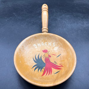 Wooden Handled Snack Plate Rooster Vintage Handpainted Vintage Patina FREE SHIPPING