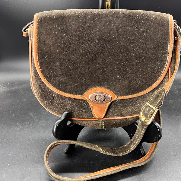 Vintage Shoulder Crossbody Purse Bag Brown Suede and Tan Leather Saddlebag Style