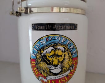 Barattolo vintage in ceramica hawaiana con coperchio, raffigurante un leone, per il caffè.