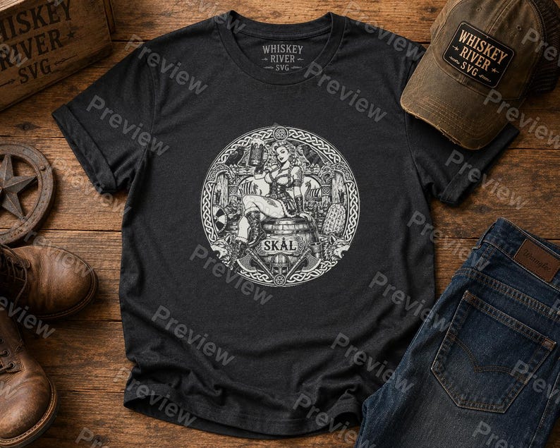 Puede incluir: Una camiseta gris carb&oacute;n de manga corta con un estampado gr&aacute;fico circular blanco. El dise&ntilde;o muestra a una persona sentada sobre un barril sosteniendo una jarra, rodeada de im&aacute;genes vikingas, incluyendo barcos y hachas, con el texto SK&Aring;L abajo.